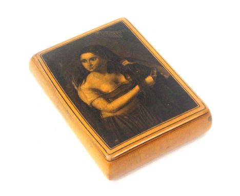 A Scottish sycamore snuff box, wooden hinge, rectangular, the lid with panel of a woman combing her hair within a line border