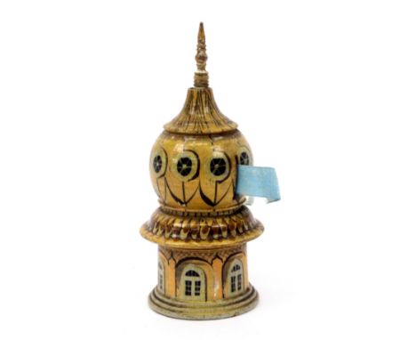 A rare early Tunbridge are whitewood paint decorated pin cushion / tape measure in the form of a Brighton Pavilion dome, the 