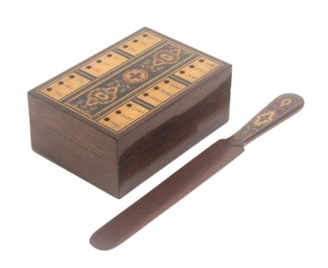 Tunbridge ware - two pieces, comprising a rosewood rectangular cribbage box, possibly Thomas Barton, the lid and base with ge