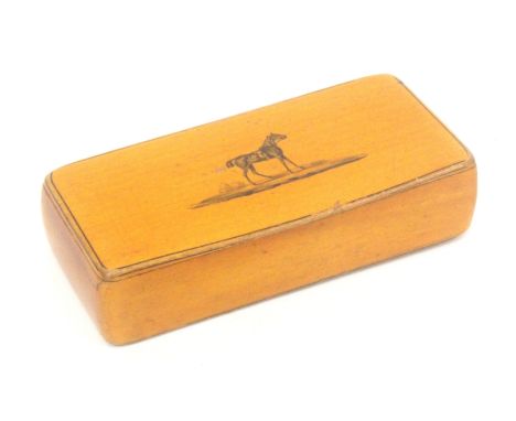 A Scottish sycamore snuff box, wooden hinge, rectangular, the lid with penwork figure of a saddled horse, foil 90%, 7.6 x 3.5