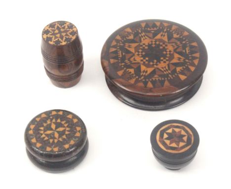 Four small Tunbridge ware boxes, comprising a circular rosewood example with stick ware top, 7cms dia., another of Brighton b