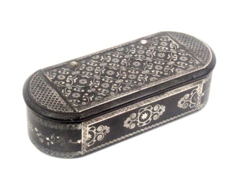 A papier mache snuff box of rounded end rectangular form, the lid and sides inlaid in silver in the Indo-Persian style, one l