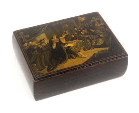A large Scottish sycamore snuff box, wooden hinge, rectangular, the lid with steel engraving of the trial of Catherine of Ara