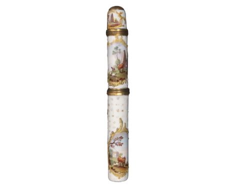 An 18th Century enamel combination bodkin / scent / and thimble of cylinder form, white enamel ground with raised dots, each 