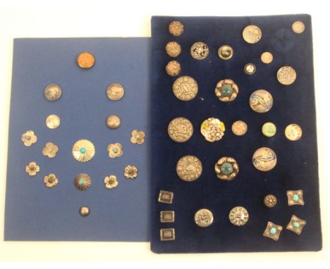 Buttons - mostly silver 19th Century and later, comprising a display of thirty including a pair with coloured enamels, 2.8cms