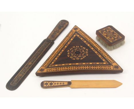 Tunbridge ware - four pieces, comprising a rosewood triangular cribbage board, the centre in stick ware and now of slightly c