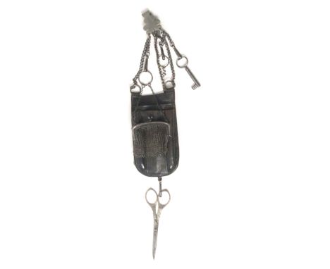 A leather and steel chatelaine, the leaf form hook named 'Stacy, 4, Newgate St. London', with six steel chains securing a lea