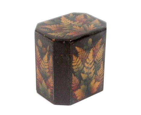 A Fern Ware tea caddy, of octagonal section, the brown ground with coloured panels of ferns, hinged lid, interior lined in fo