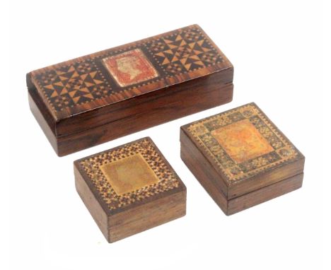 Tunbridge ware - three stamp boxes, comprising a rectangular rosewood example, the lid with QV 'Postage Stamps' within a mosa