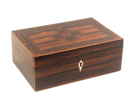 A Tunbridge ware rosewood box, of rectangular form with diamond ivory escutcheon and boxwood line edges, the lid with a diamo