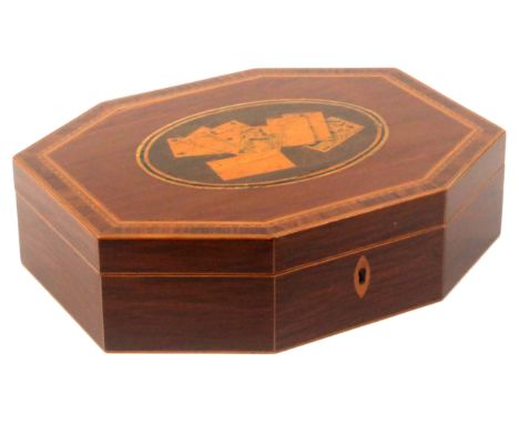 An early Tunbridge ware inlaid harewood card box, of elongated octagonal form, edged in boxwood, the lid with an oval panel o