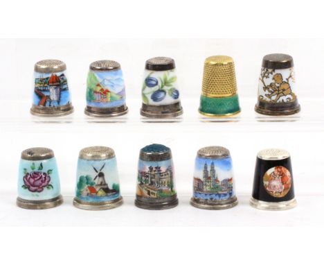 Ten continental silver and white metal enamel decorated thimbles, comprising four named city views, one with stone top, a win