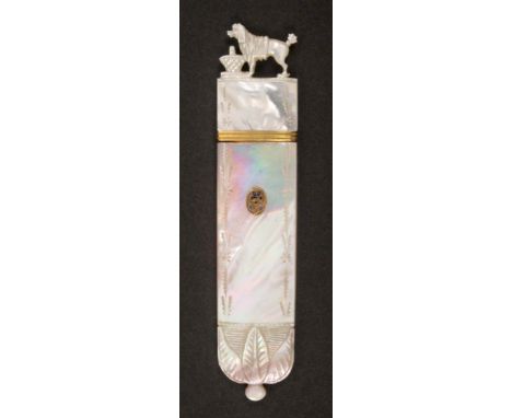 A carved and pierced mother of pearl Palais Royal needle case, the lower section with nicely engraved border, one side inset 