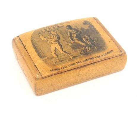 A small Scottish sycamore snuff box, wooden hinge, rectangular, with a man carrying a tray of pies passing a man and boy and 