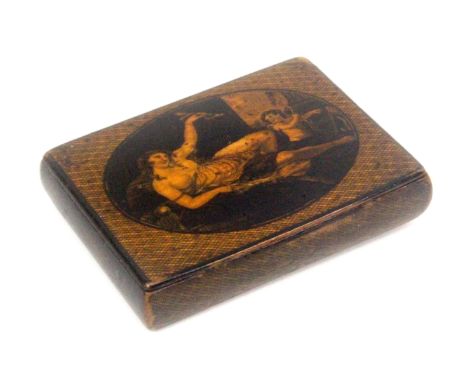 &nbsp;A Scottish sycamore snuff box, wooden hinge, rectangular, the lid with oval panel of a semi naked woman on a couch catc