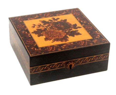 A Tunbridge ware ebony handkerchief box of square form, probably Thomas Barton, the sides with a band of geometric mosaic and