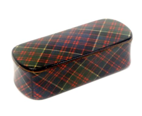 A Scottish Tartan ware snuff box (Clanranald), wooden hinge, of curved end rectangular form, foil 85%, stamped 'Smith Mauchli