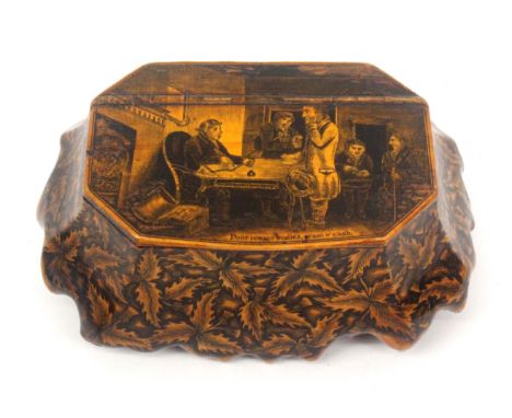 A very fine Scottish burr wood snuff box of near rectangular cut corner form, the lid with wooden hinge and decorated in penw