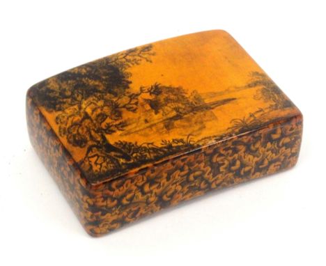 A Scottish sycamore snuff box, wooden hinge, of curved rectangular form, the lid in penwork with a castle on island viewed fr