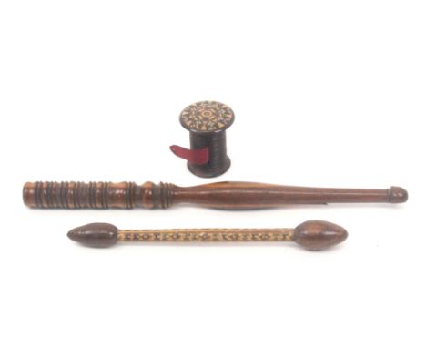 Tunbridge ware - sewing and knitting, comprising a scarce Tunbridge ware ring and baluster turned stick ware knitting stick, 