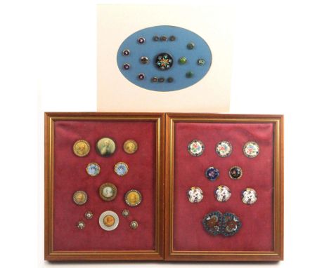 Buttons - mostly 19th Century enamels and lithographs, comprising a framed display of eight floral enamels, one with cut stee