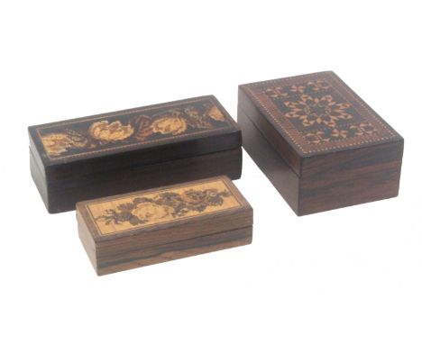 Three small Tunbridge ware rectangular rosewood boxes, comprising an example with floral mosaic lid, one end of top replaced,