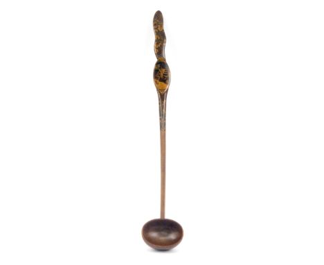 A very fine penwork decorated Scottish sycamore ladle of large size, oval bowl, part of the stem and the handle decorated in 