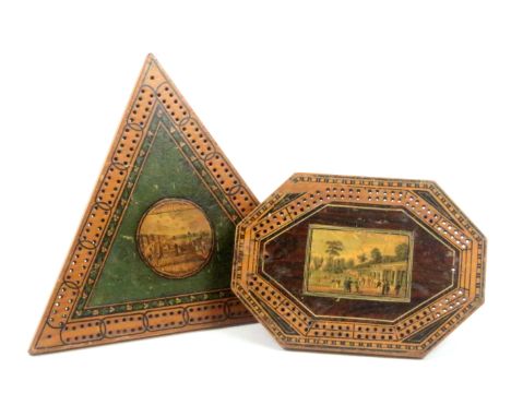 Two early Tunbridge ware paint and print decorated whitewood cribbage boards, one of elongated octagonal form with a central 