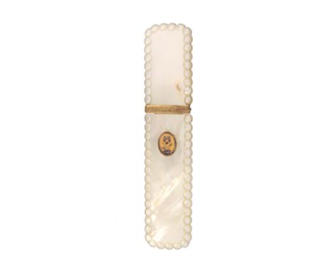 A Palais Royal mother of pearl needle case, of rectangular form with ball edge, the lower section with gilt metal and enamel 