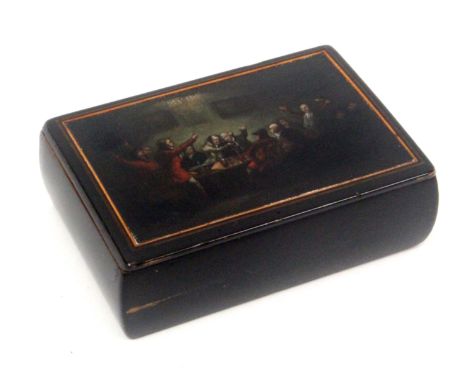 A large Scottish sycamore snuff box, wooden hinge, rectangular with curved sides, the lid painted with numerous figures aroun