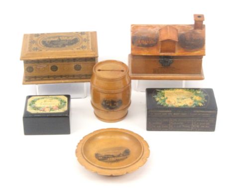 Mauchline ware - six pieces, comprising a house form box (Burn's Cottage / Burn's Monument / Bought In The Cottage / verse), 