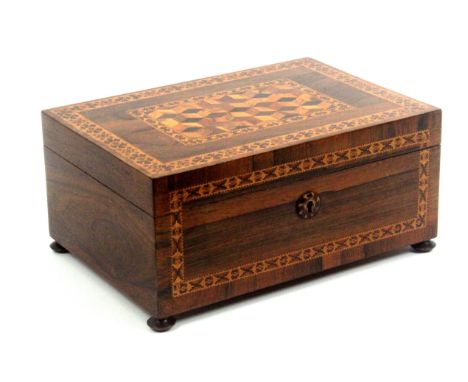 Tunbridge ware, a rosewood rectangular sewing box, the front with stick ware escutcheon and geometric border, the lid with a 