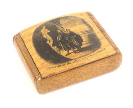 A small Scottish sycamore snuff box, wooden hinge, rectangular, the lid with transfer of a man viewing a naked figure, his co