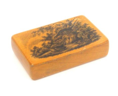 A Scottish sycamore snuff box, wooden hinge, rectangular, the lid with transfer of two pheasants in rural landscape, foil 90%