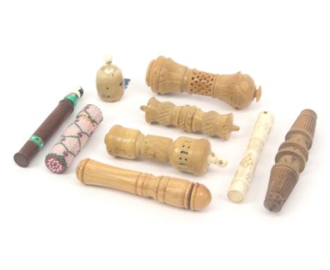 Various needle cases and sewing tools, comprising a bone cylinder needle case with Stanhope (A Memory of Beddgelert, 4V), 9.2