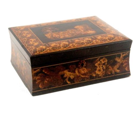 A Tunbridge ware coromandel wood sewing box, of rectangular form, the concave sides with a broad band of floral mosaic and wi