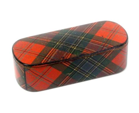 A Scottish Tartan ware snuff box (M'Lean), wooden hinge, curved end rectangular form, foil 30%, stamped to base 'Smith Mauchl