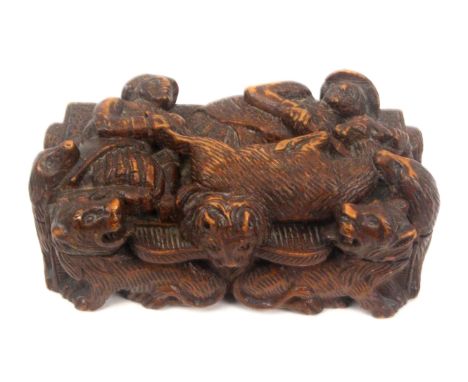 A Scottish 'blind man' deep carved stained sycamore snuff box, wooden hinge, the top carved with two men in kilts, one graspi