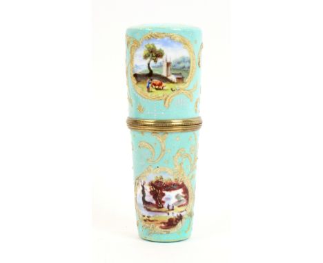 A fine continental enamel etui of tapering cylinder form, the pale green ground enamel overlaid with gilt and white enamel do