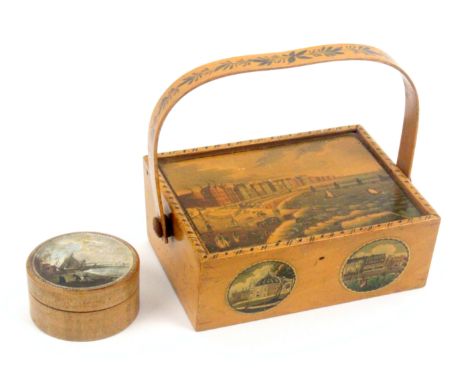 Tunbridge ware - two early print decorated white wood pieces, comprising an attractive small sewing pannier of rectangular fo