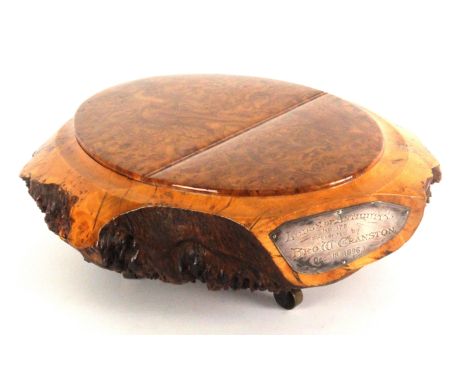 A spectacular and large Scottish burr elm and oak table snuff box of Masonic interest, and by Smith, Mauchline, of near oval 