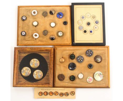 Buttons - various, comprising a framed set of three Satsuma buttons decorated with vivid flowers, 3.5cms, a display of twelve
