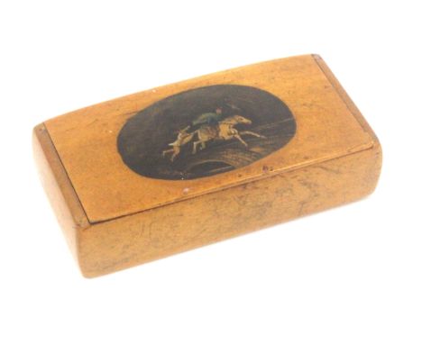 A Scottish sycamore snuff box, wooden hinge, rectangular, the lid with coloured oval depicting Tam O'Shanter chased over the 
