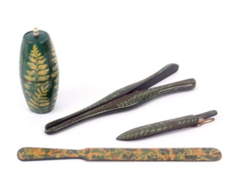 Fern Ware, green ground and variants, four pieces, comprising a barrel form go-to-bed, silhouette ferns on a green ground div
