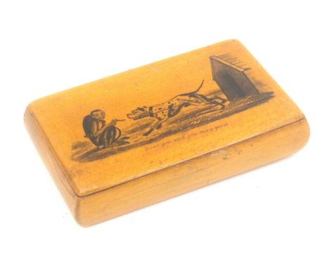 A Scottish sycamore snuff box, wooden hinge, rectangular, the lid with transfer of monkey, dog and kennel, titled 'Don't you 