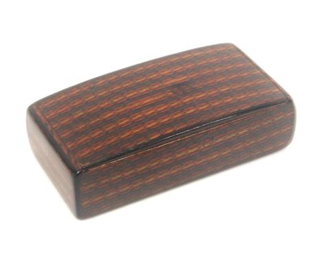 A Scottish sycamore snuff box, wooden hinge, rectangular with slightly curved lid, red, yellow, black lines with diagonals, f