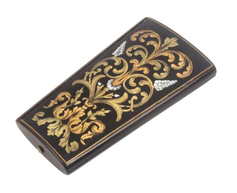 An attractive French sewing etui, circa 1840, the hinged case of oval section and tapering form, the lid inlaid in three colo