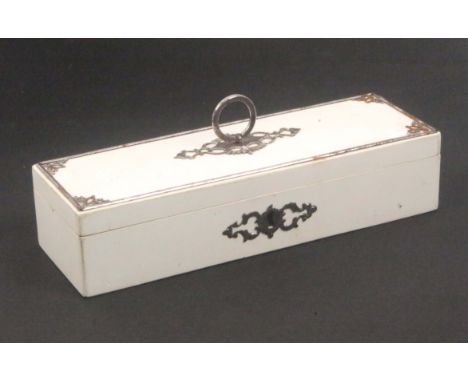 A French white lac and steel mounted rectangular netting box, circa 1850, steel escutcheon, lid frame and central ring handle