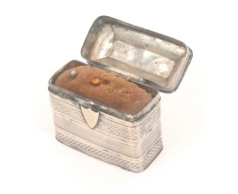 A Dutch silver box, circa 1840, for snuff or pills, now fitted with a pin cushion, engraved hinged cover, the sides with band