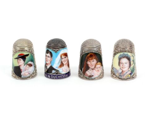 Four Royal commemorative silver and enamel thimbles by Peter Swingler, comprising, Queen Mother's 90th Birthday, 4-8-90, sign